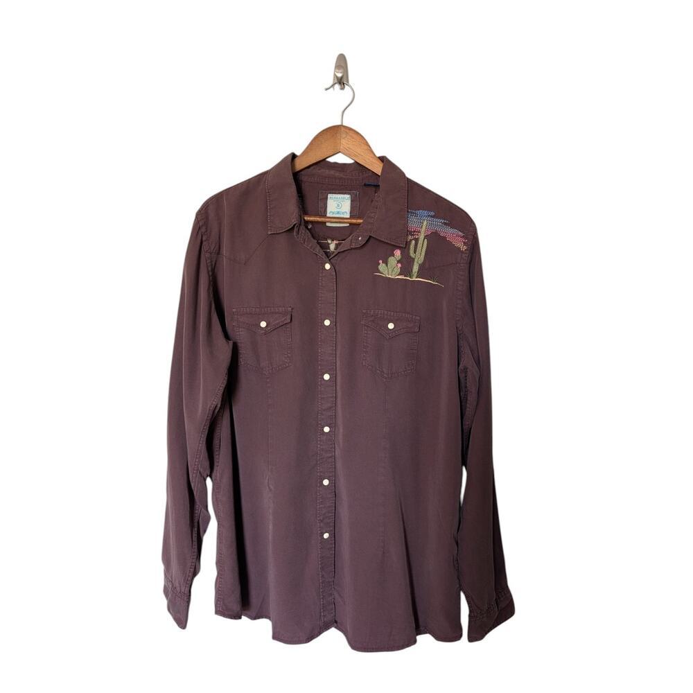 Panhandle Rough Stock Brown Embroidered Pearl Snap Button Up Size XL Cactus